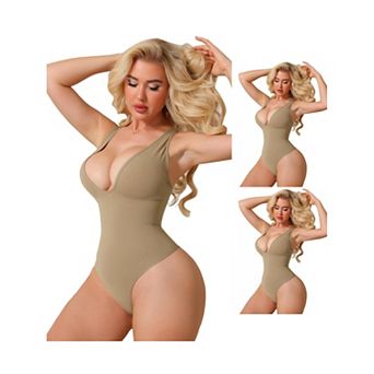 3 Packs Womens Halter V Neck Shapewear Bodysuits Tummy Control Sleeveless Plunge Low Back Bodyshaper