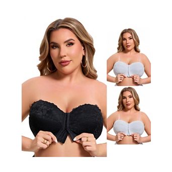 3 Packs Women's Lace Tube Front Closure Push Up Padded Underwire Bandeau Convertible Strapless Bras