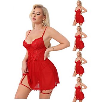 5 Packs Lace Lingerie for Women Mesh See Through Chemise Nightgown with Garter Belt