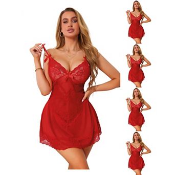 5 Packs Lace Trim Lingerie Sets for Women Plunge Nightgown Thong Sets Mesh See Through Dress Chemise