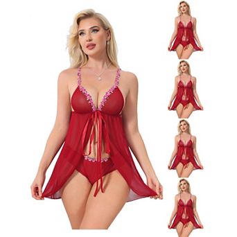 5 Packs Lace Lingerie Set for Women Plunge Nightdress Sheer Floral Mesh Wireless Sleepwear Tangas