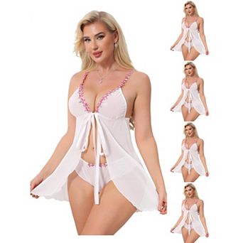 5 Packs Lace Lingerie Set for Women Plunge Nightdress Sheer Floral Mesh Wireless Sleepwear Tangas