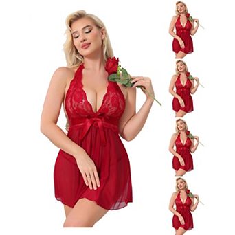 5 Packs Womens Plunge Lingerie Set Floral Mesh See Through Nightgown Halter Neck Chemise Thongs