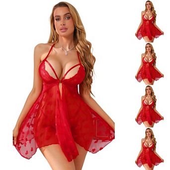 5 Packs Women's Front Closure Lingerie Sets Lace Heart Print Dress Nightgown Thong Set VNeck Chemise