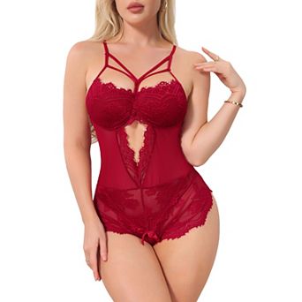 Women Floral Lace Bodysuit Crisscross Cut Out Lingerie Wireless V-Neck Nightgown