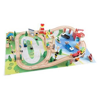 Hey! Play! 75 pc Wooden Train Set with Play Mat