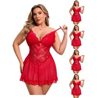 5 Packs Plus Size Lingerie for Women Lace V Neck Mesh Sleepwear See Through Sleeveless Chemise