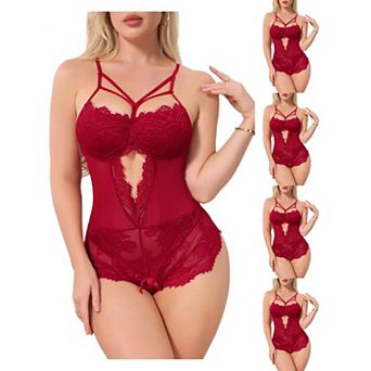 5 Packs Women Floral Lace Bodysuit Crisscross Cut Out Lingerie Wireless V Neck Nightgown