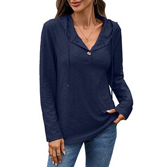 Women’s V‑Neck Eyelet Lace Hoodie Lightweight Long Sleeve Tops