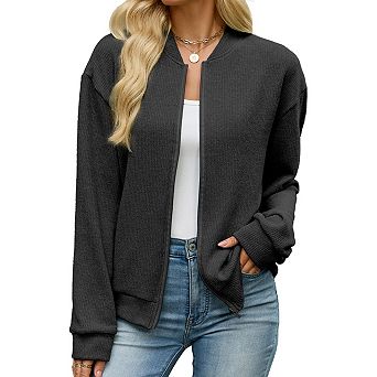 Women’s Zip‑Up Stand Collar Varsity Jacket Casual Fall Outerwear