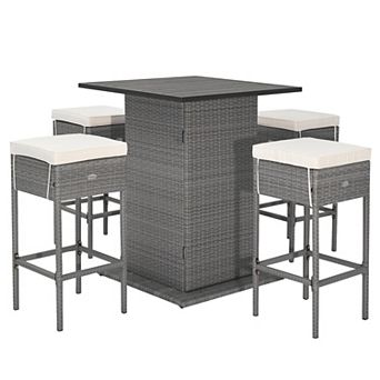 Costway 5 pc Outdoor Wicker Bar Table Set with Hidden Storage Shelves Bar Table Stools