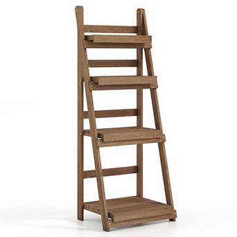 Costway 4 tier Plant Stand Foldable Ladder Plant Shelf with Slatted Shelves, Fir Wood Frame