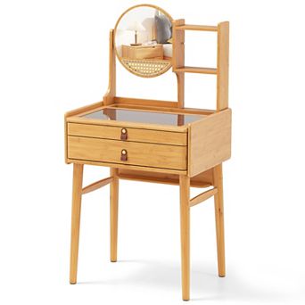 Costway 23.5" Compact Makeup Table with 2 Drawers Open Storage Shelves and Glass Top