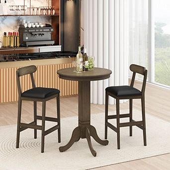 Costway 3 pc Wood Bar Table Set with Pedestal Base, 2 Armless Stools, Padded Seat, Backrest
