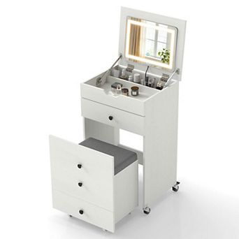 Costway 3-in-1 Small Vanity Desk Set with Flip-top Mirror, Lights, Drawers, Storage Stool