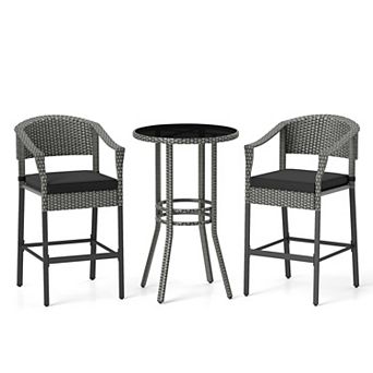 Costway 3 pc Patio Rattan Bar Set Wicker Bar Height Armchairs & Round Table
