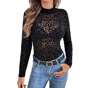Womens Lace Long Sleeve Shirts Crewneck Slim Fitted Blouse