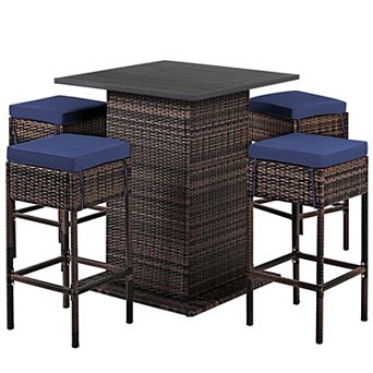 Costway 5 pc Patio Rattan Bar Table Stool Set Hidden Storage Shelf Cushion