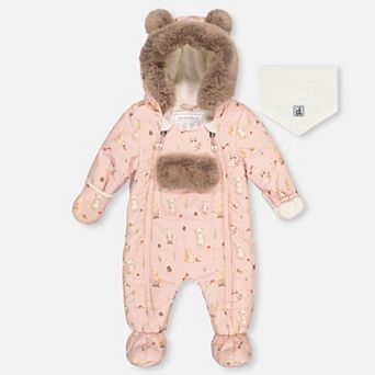 Baby Girl Animal Print One Piece Snowsuit Adapted for Car Seats with Bear-Ear Hood