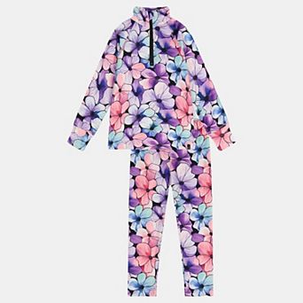 Big Kids Girl Two Piece Floral Print Half-Zip Thermal Underwear Top and Pants Set