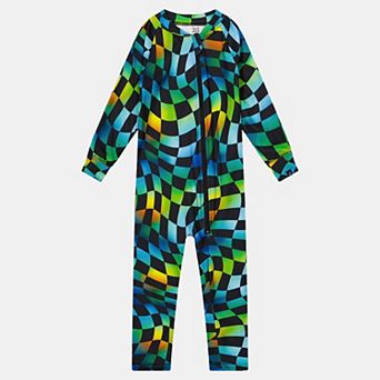 Little Kids Boy One Piece Checkered Print Asymmetric Zip Thermal Underwear