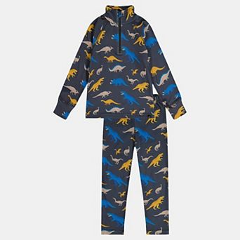 Big Kids Boy Two Piece Dinosaur Print Half-Zip Thermal Underwear Top and Pants Set