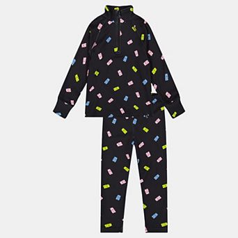 Big Kids Girl Two Piece Half-Zip Thermal Underwear Top and Pants Set with Printed Gummy Bears
