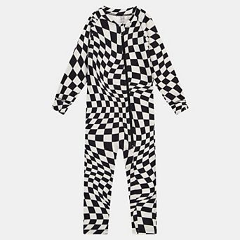 Big Kids Boy One Piece Checkered Print Asymmetric Zip Thermal Underwear