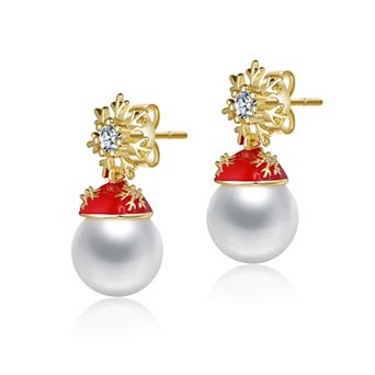 White Pearl Santa Hat & Snowflake Drop Earrings with Clear Cubic Zirconia