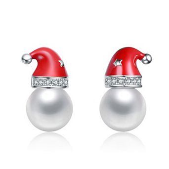 White Gold Plated Pearl Santa Hat Stud Earrings with Cubic Zirconia