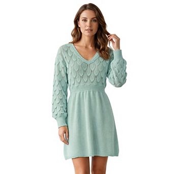 Women's V Neck Hollow Out Pull on Lantern Long Sleeve Mini Dress