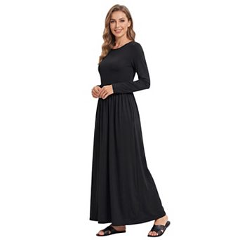 Women's Round Neck Pull on Long Sleeve Waist Pleats Maxi Dress