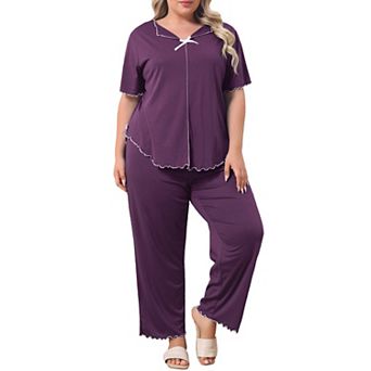Women's Plus Size 2 pc V Neck Bow Short Sleeve Pajama Sets