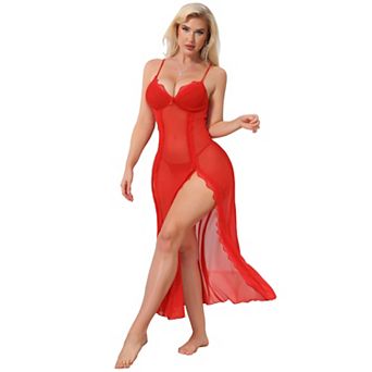 Women Lingerie Set Long Side Split Lace Nightdress See-Through Mesh V Neck Sleepwear