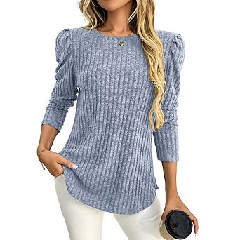 Women Ribbed Knit Long Sleeve Top Casual Curved Hem Tunic