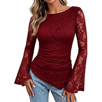 Womens Floral Lace Ruched Asymmetrical Hem Fitted Blouse