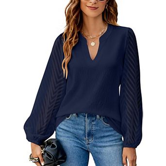 Womens V‑Neck Long Puff Chevron Sleeve Loose Casual Top