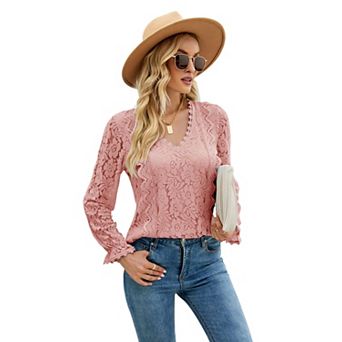 Women’s V Neck Lace Crochet Eyelet Tops Long Sleeve Blouses