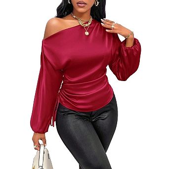 Womens Satin One‑Shoulder Ruched Drawstring Long Sleeve Blouse