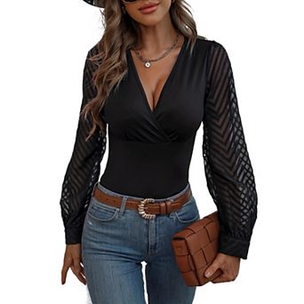 Womens Deep V Neck Long Sleeve Slim Fitted Blouse