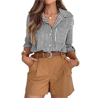 Womens Striped Lapel Collar Long Sleeve Button‑Down Shirt