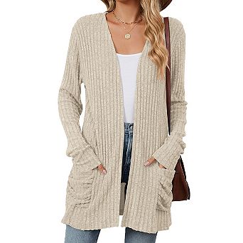 Women Ribbed Knit Open Front Casual Cardigan with Pockets