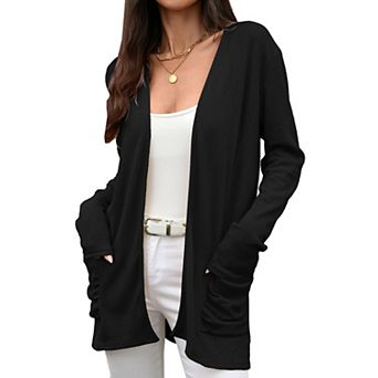 Womens Open‑Front Mid‑Length Knit Cardigan with Pockets