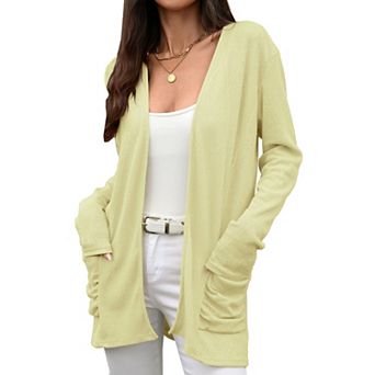 Womens Open‑Front Mid‑Length Knit Cardigan with Pockets