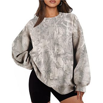 Womens Leaf Camo Print Crewneck Loose Sweatshirt