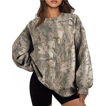 Womens Leaf Camo Print Crewneck Loose Sweatshirt