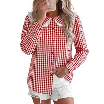 Women Gingham Plaid Lace Collar Long Sleeve Casual Blouse