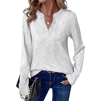 Womens V Neck Long Sleeve Waffle Knit Tops Dressy Casual Sweater