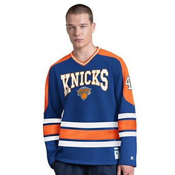Men's Starter Blue New York Knicks Puck Drop Long Sleeve V-Neck T-Shirt