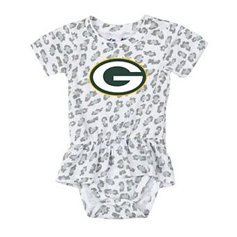 Girls Infant Wes & Willy White Green Bay Packers Leopard Print Ruffled Romper